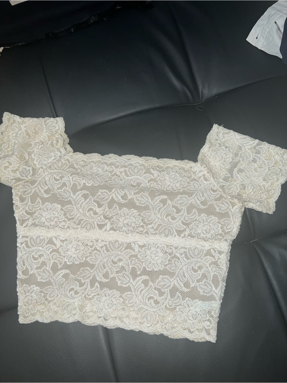 $10Gift🦊🍭Sexy NEW Lace Mesh inserted Off-Shoulder Crop Cream Pit to Pit 17